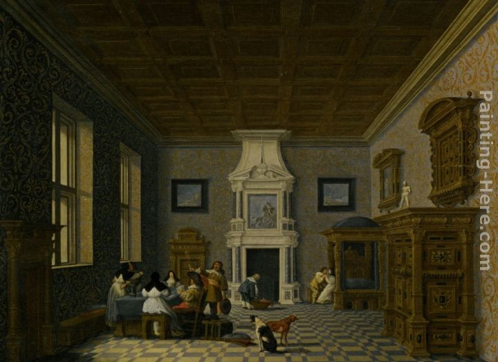 Dirck van Delen A Palace Interior with Cavaliers Cavorting with Nuns
